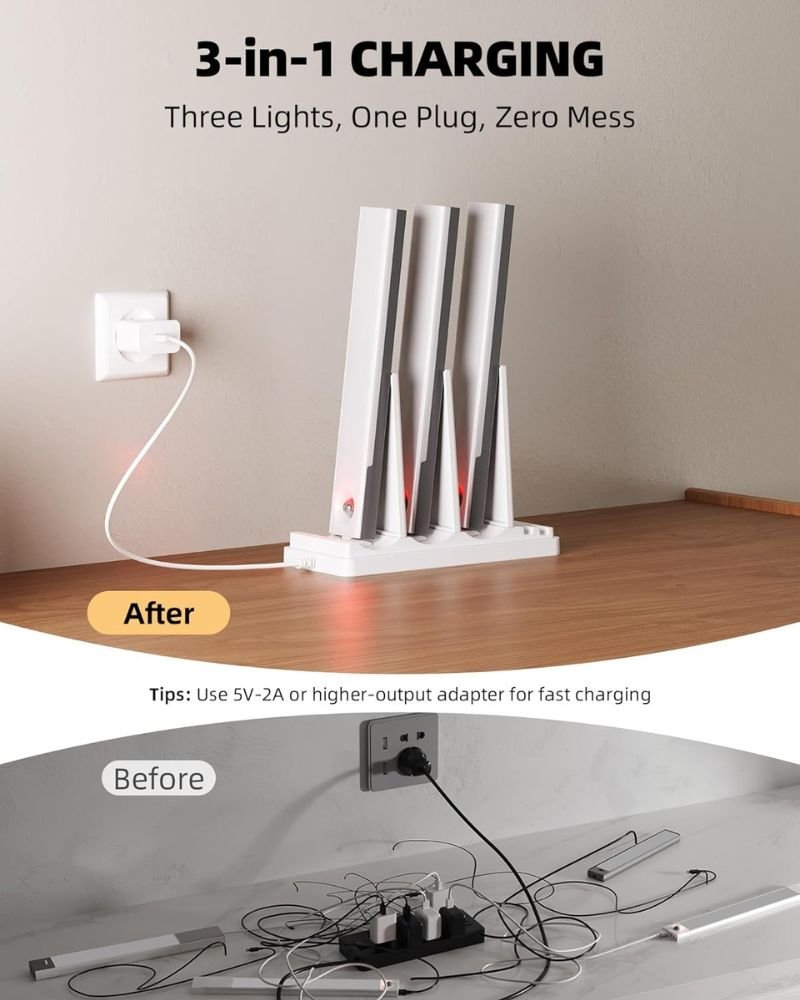 EZVALO 3-in-1 charging station comparison before and after cable mess