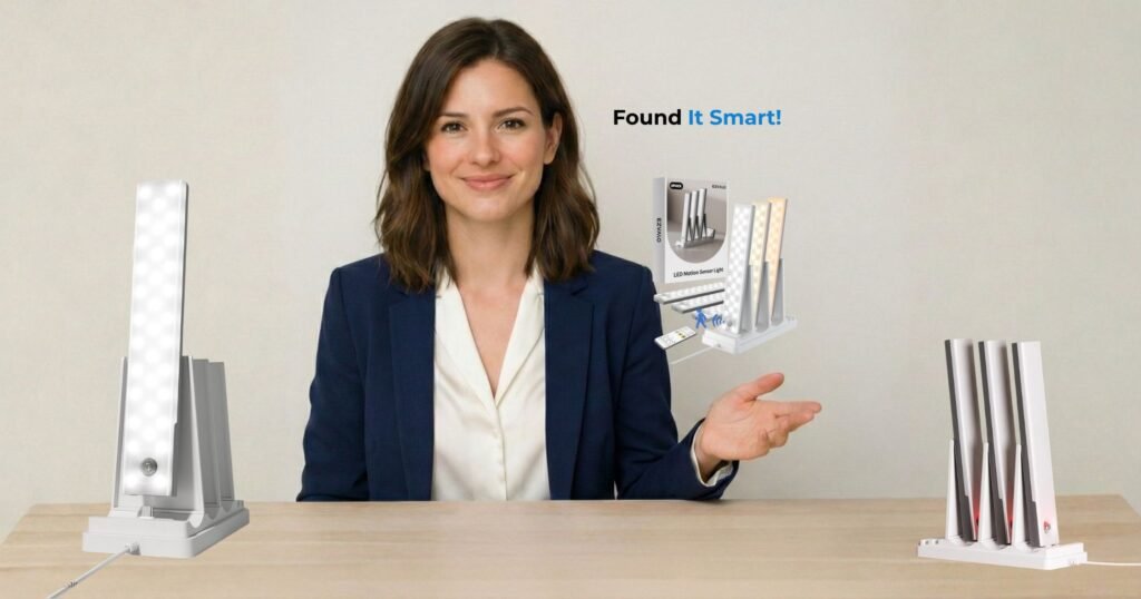 Maya showing EZVALO wireless motion sensor lights and charging station in a modern kitchen for review