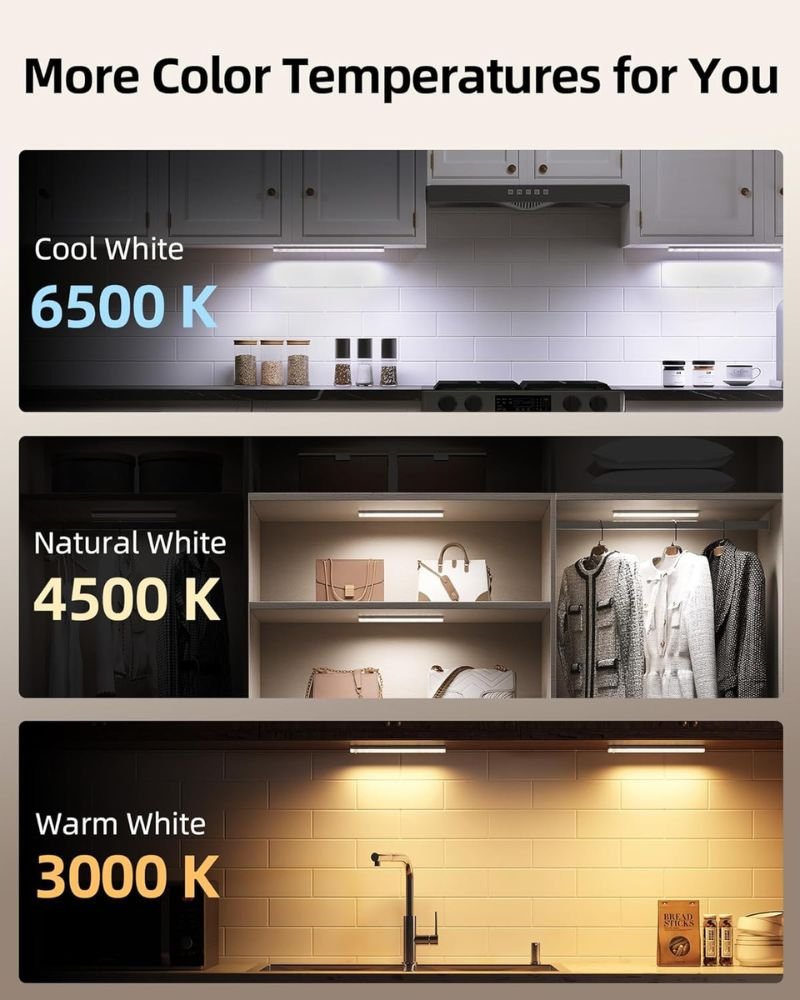 EZVALO under cabinet lights showing 3 color temperatures warm natural and cool white